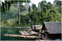 Unendlich langes Bambusfloß für die Überfahrt zur Höhle - Kao Sok NP. / Thailand